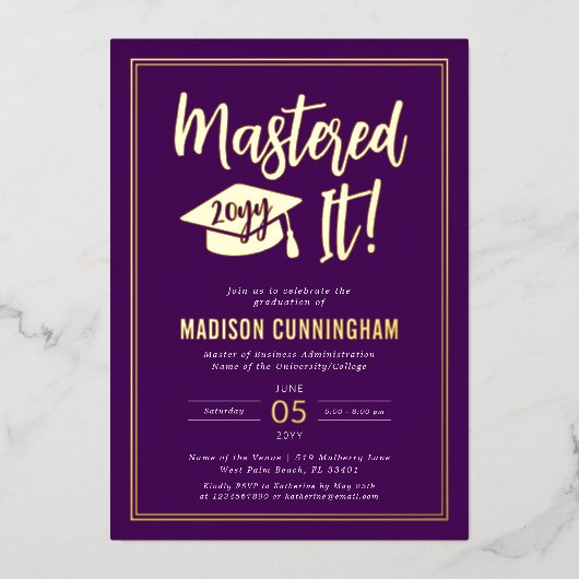 Modern Mastered It Master's Degree Graduation  箔招待状 (正面)