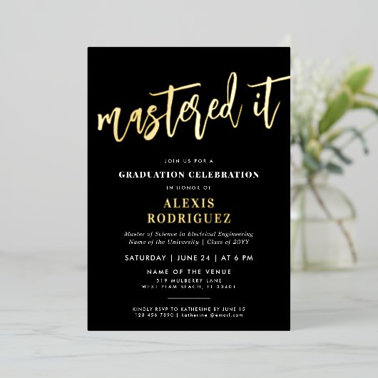 Modern Master's Degree Graduation Mastered it 箔招待状 (立ち正面)