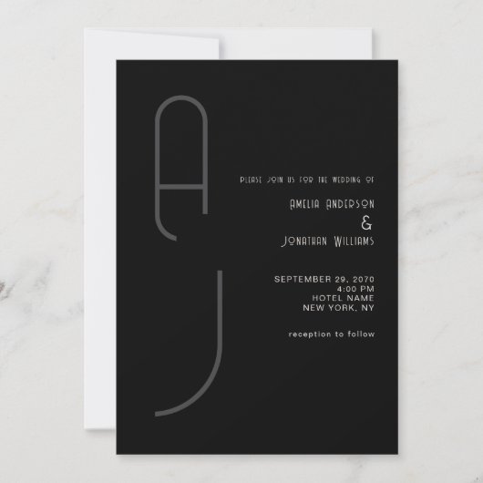 Modern Matte Monogram Minimal Wedding Black White  招待状 (正面)