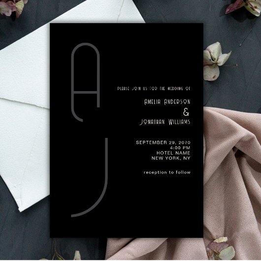 Modern Matte Monogram Minimal Wedding Black White  招待状
