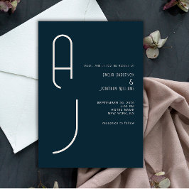 Modern Matte Monogram Minimal Wedding Navy Blue 招待状