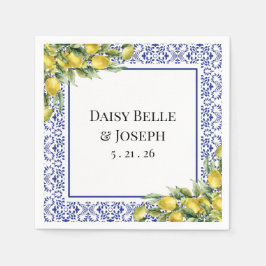 Modern Mediterranean Lemon Blue Mosaic Wedding スタンダードカクテルナプキン