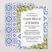 Modern Mediterranean Lemon Blue Mosaic Wedding 招待状 (正面/裏面)