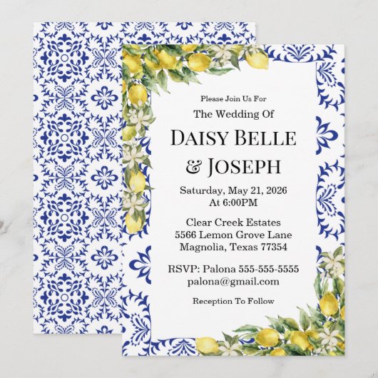 Modern Mediterranean Lemon Blue Mosaic Wedding 招待状 (正面/裏面)