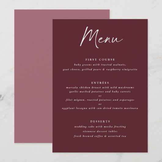 Modern Merlot Burgundy Handwriting Wedding メニュー (正面/裏面)