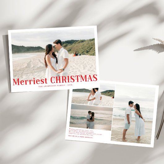 Modern Merriest Christmas Couples Photo Red シーズンカード