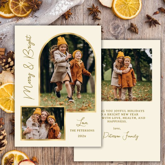 Modern Merry and Bright Script Gold Arch 3 Photo シーズンカード