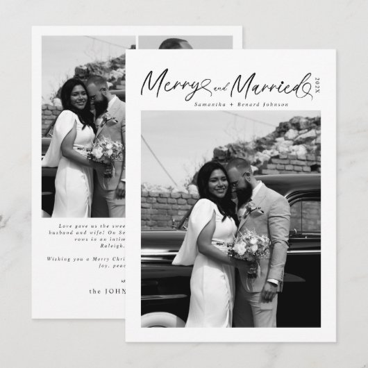 Modern Merry and Married Newlywed Script Christmas シーズンカード (正面/裏面)
