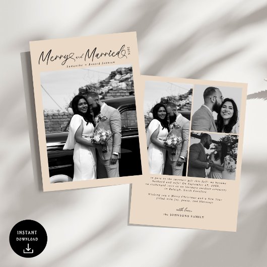 Modern Merry and Married Newlywed Script Christmas シーズンカード
