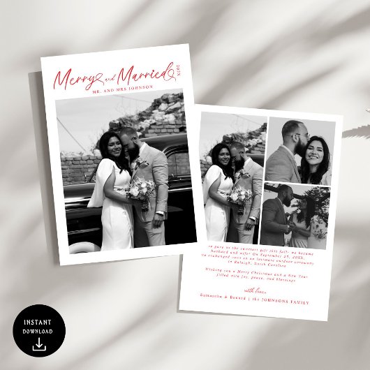 Modern Merry and Married Newlywed Script Christmas シーズンカード
