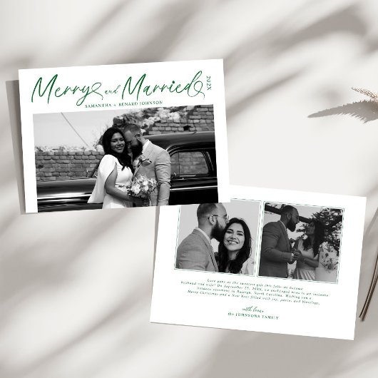 Modern Merry and Married Newlywed Script Christmas シーズンカード