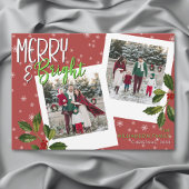 Modern Merry & Bright Red Snowflake Holly Photo シーズンカード