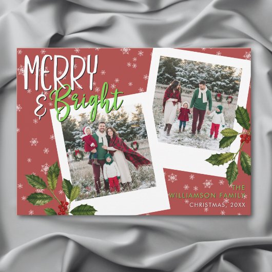 Modern Merry & Bright Red Snowflake Holly Photo シーズンカード