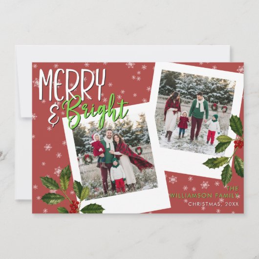Modern Merry & Bright Red Snowflake Holly Photo シーズンカード (正面)