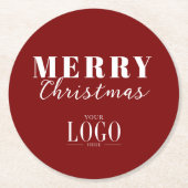 Modern Merry Chirstmas Company Logo Red & White ラウンドペーパーコースター (正面)