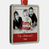 Modern Merry Christmas and Holly Custom Photo Red メタルオーナメント (右)