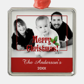Modern Merry Christmas and Holly Custom Photo Red メタルオーナメント