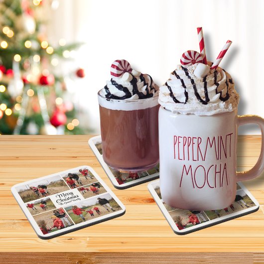 Modern Merry Christmas Family Photo コースター