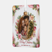 Modern Merry Christmas Family Photo Floral Frame   メタルオーナメント (正面左)