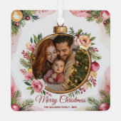 Modern Merry Christmas Family Photo Floral Frame   メタルオーナメント (裏面)