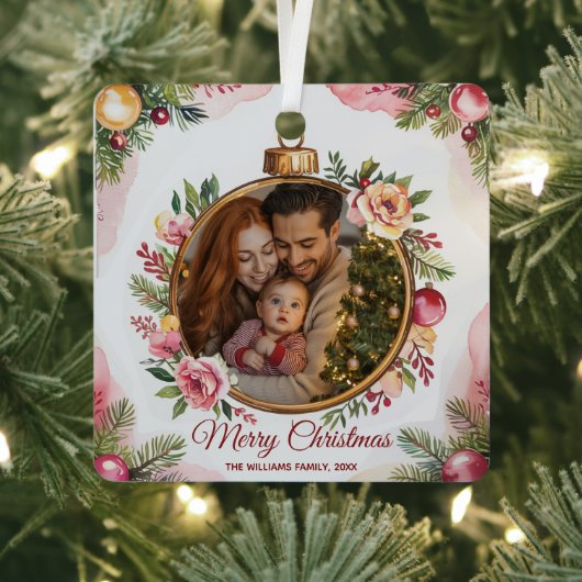Modern Merry Christmas Family Photo Floral Frame   メタルオーナメント (インサイチュ)