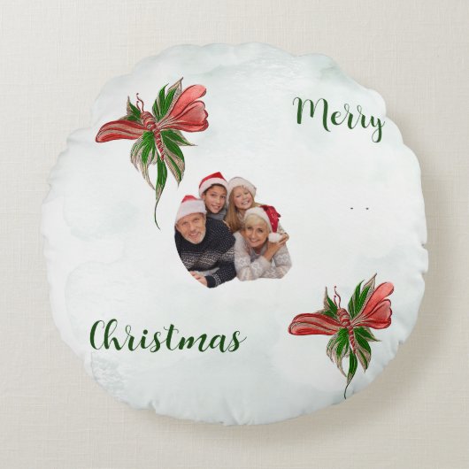 Modern merry Christmas family photo pillow ラウンドクッション (正面)