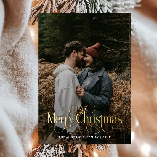 Modern Merry Christmas Family Photo plaid Tartan 箔シーズンカード