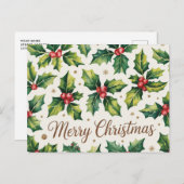 Modern Merry Christmas Holly and Berries ポストカード (正面/裏面)