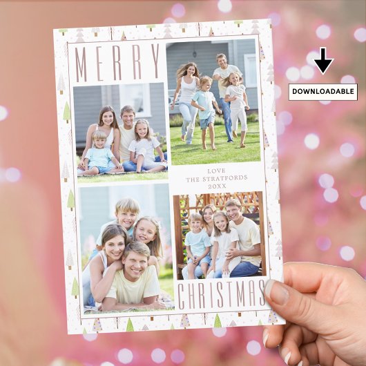 Modern MERRY CHRISTMAS Photo Collage Trees Pink シーズンカード