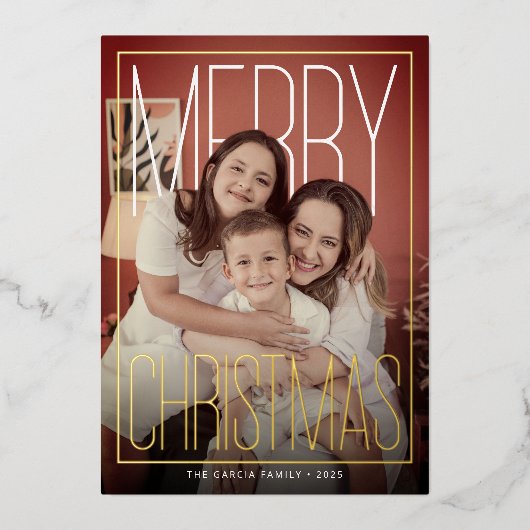 Modern Merry Christmas Photo Holiday Card 箔シーズンカード (正面)