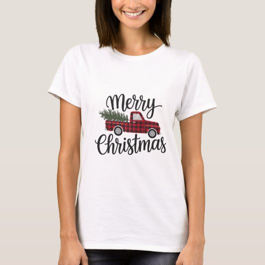 Modern Merry Christmas Red Buffalo Plaid Truck     Tシャツ (正面)