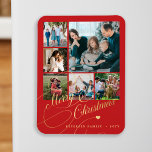 Modern Merry Christmas red photo collage マグネット<br><div class="desc">Elegant stylish Merry Christmas faux gold classic calligraphy script six family photos red holiday festive keepsake magnet with your custom personalized text.</div>