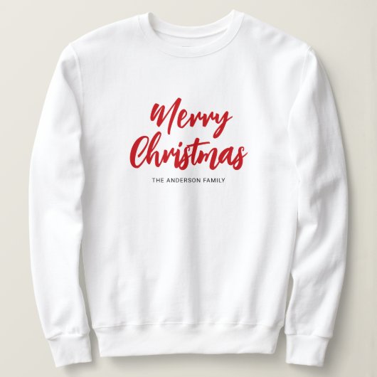 Modern Merry Christmas Red Script Family Name スウェットシャツ (デザイン正面)