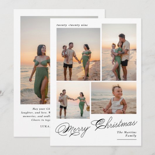 Modern Merry Christmas Script Family Photo シーズンカード (正面/裏面)