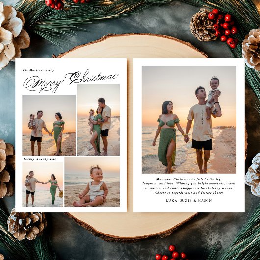 Modern Merry Christmas Script Family Photo シーズンカード