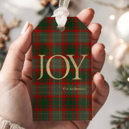 Modern Merry Christmas script Joy tartan red ギフトタグ