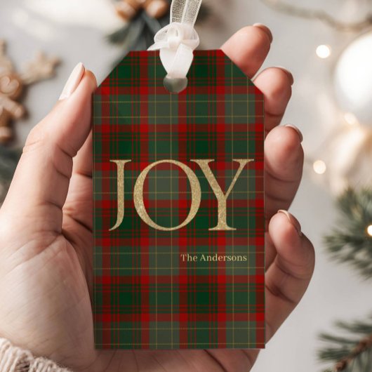 Modern Merry Christmas script Joy tartan red ギフトタグ