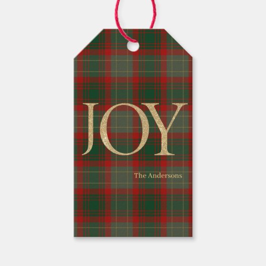 Modern Merry Christmas script Joy tartan red ギフトタグ (正面)