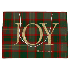 Modern Merry Christmas script Joy tartan red ラージペーパーバッグ