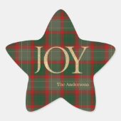 Modern Merry Christmas script Joy tartan red 星シール (正面)