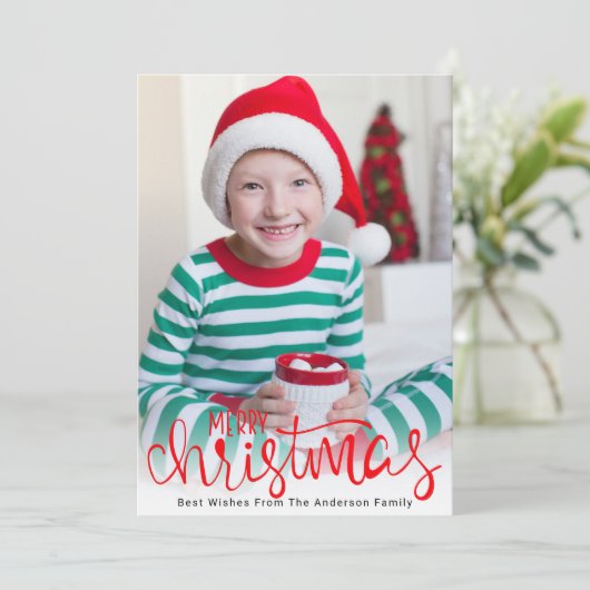 Modern Merry Christmas Script Photo シーズンカード (スタンド正面)