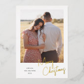 Modern Merry Christmas Script Simple Photo 箔シーズンカード (正面)