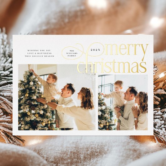Modern Merry Christmas simple 2 photos family  箔シーズンカード