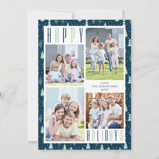 Modern MERRY CHRISTMAS Trees 4 Photos Blue Green シーズンカード (正面)