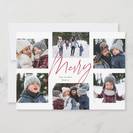 Modern merry red script 6 photo Christmas collage シーズンカード (正面)