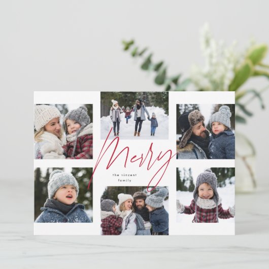 Modern merry red script 6 photo Christmas collage シーズンカード (スタンド正面)