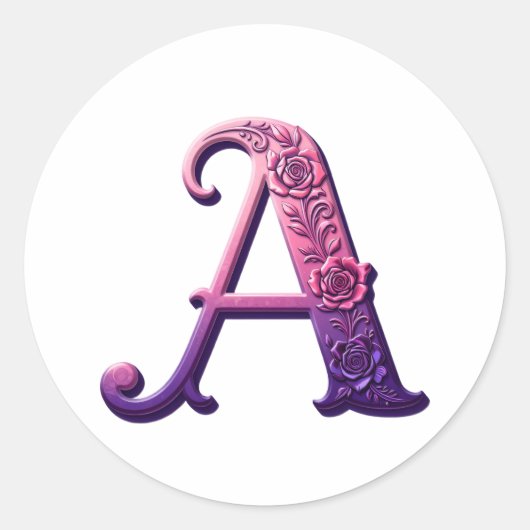 Modern Metallic Rosemaling Letter A, Pink/Purple ラウンドシール (正面)