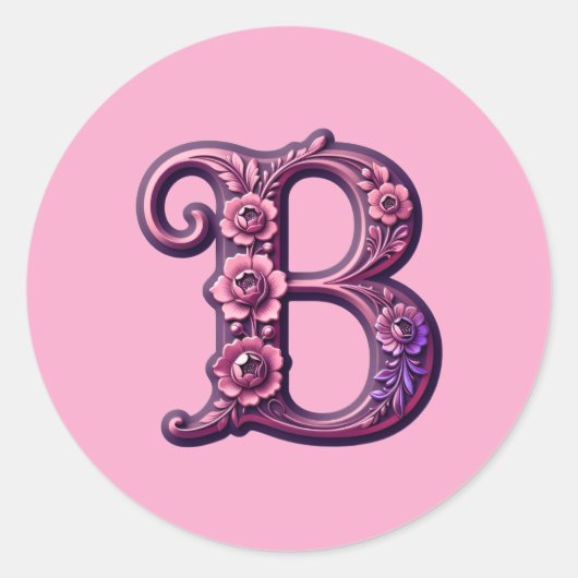 Modern Metallic Rosemaling Letter B, Pink/Purple ラウンドシール (正面)