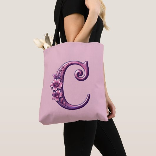Modern Metallic Rosemaling Letter C, Pink/Purple トートバッグ (クローズアップ)