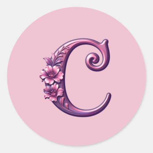 Modern Metallic Rosemaling Letter C, Pink/Purple ラウンドシール (正面)